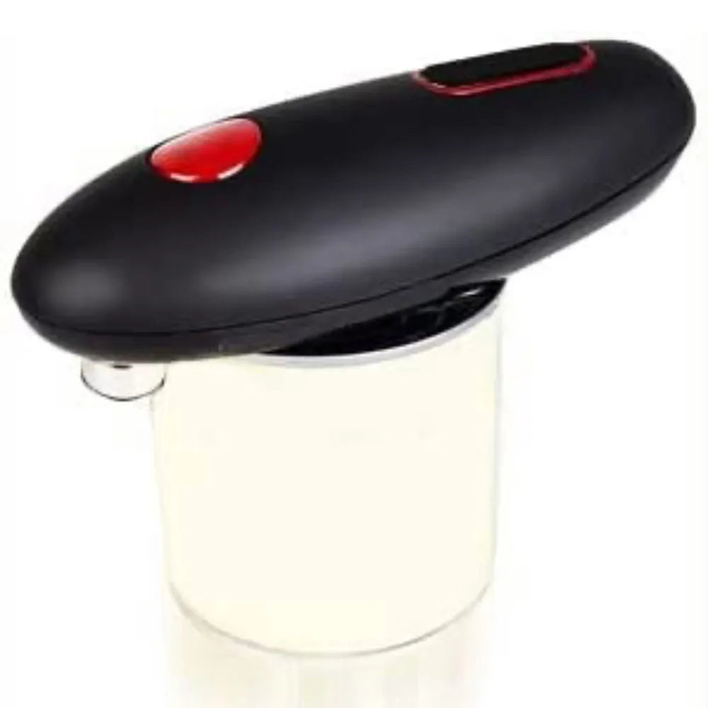 Black automatic electric can opener for hands-free opening of cans, jars, and bottles