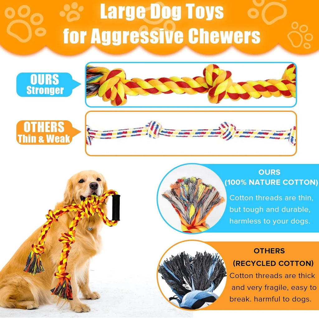 Blue and yellow durable cotton dog rope toy with ergonomic handle for large breed chewing and tug-of-war games.