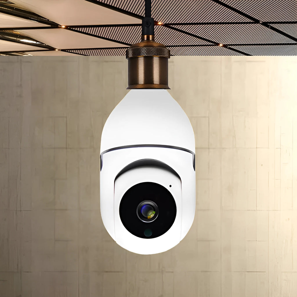 White ABS wireless WiFi bulb camera with 1080P resolution and shaking head mechanism for indoor home security monitoring.