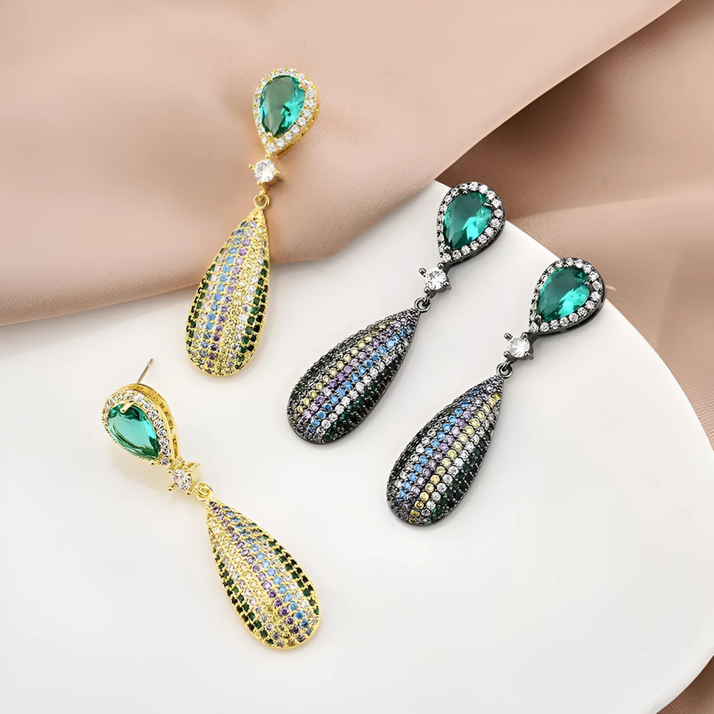 Copper drop shape earrings with inlaid zircon and gold-plated finish in 18K gold colour