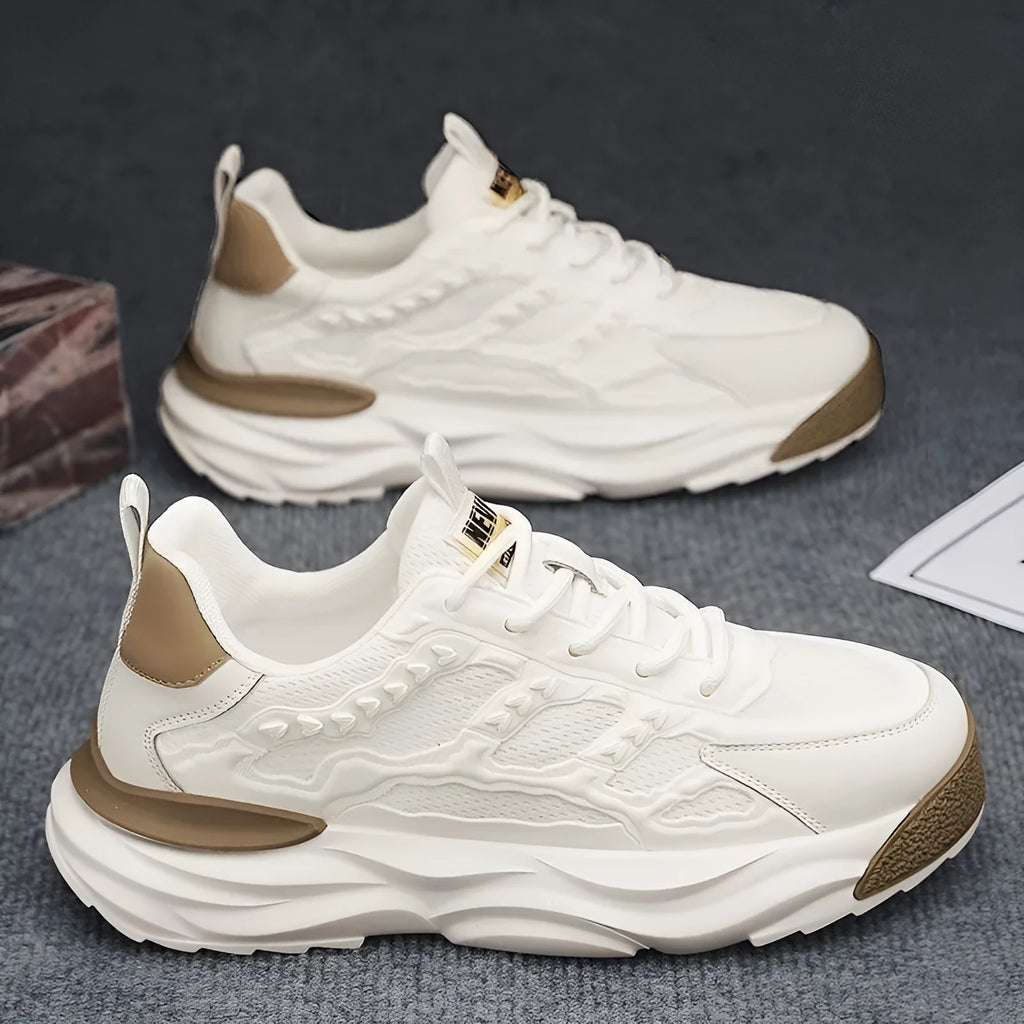 Men's white breathable mesh shoes with round toe design and PU mesh upper