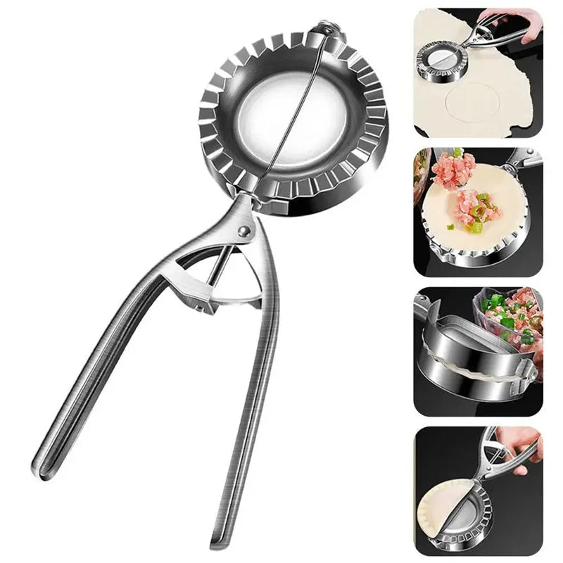 Silver stainless steel manual dumpling maker mould with handle for pressing and cutting wrappers.