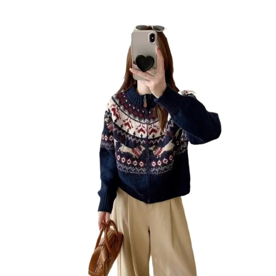 Apricot ethnic jacquard pullover sweater with 3D pattern and round neck.