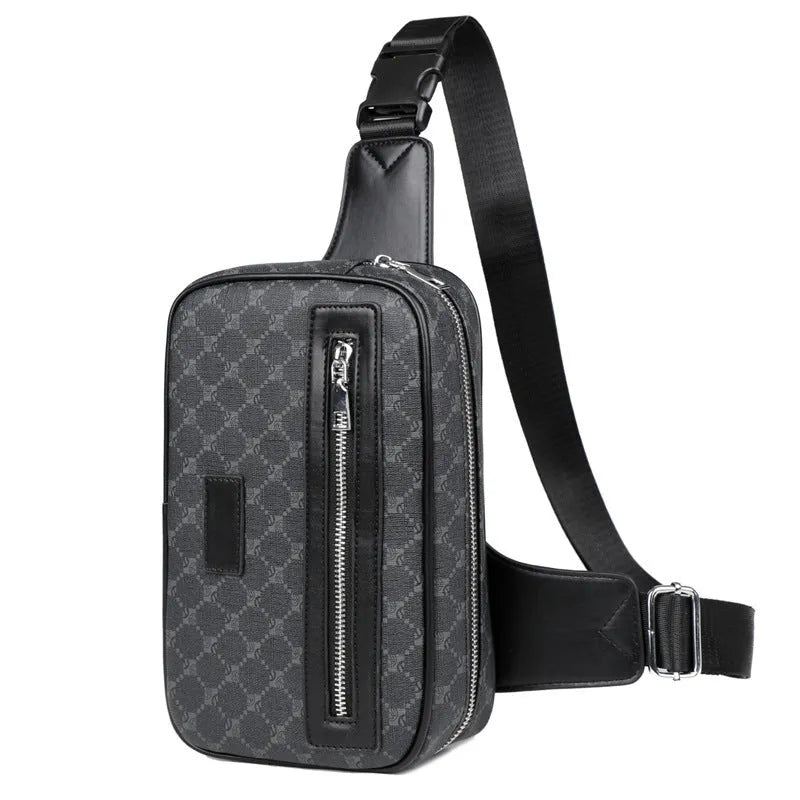 Men's black PU cross-body shoulder bag with printed design and sewing line detailing