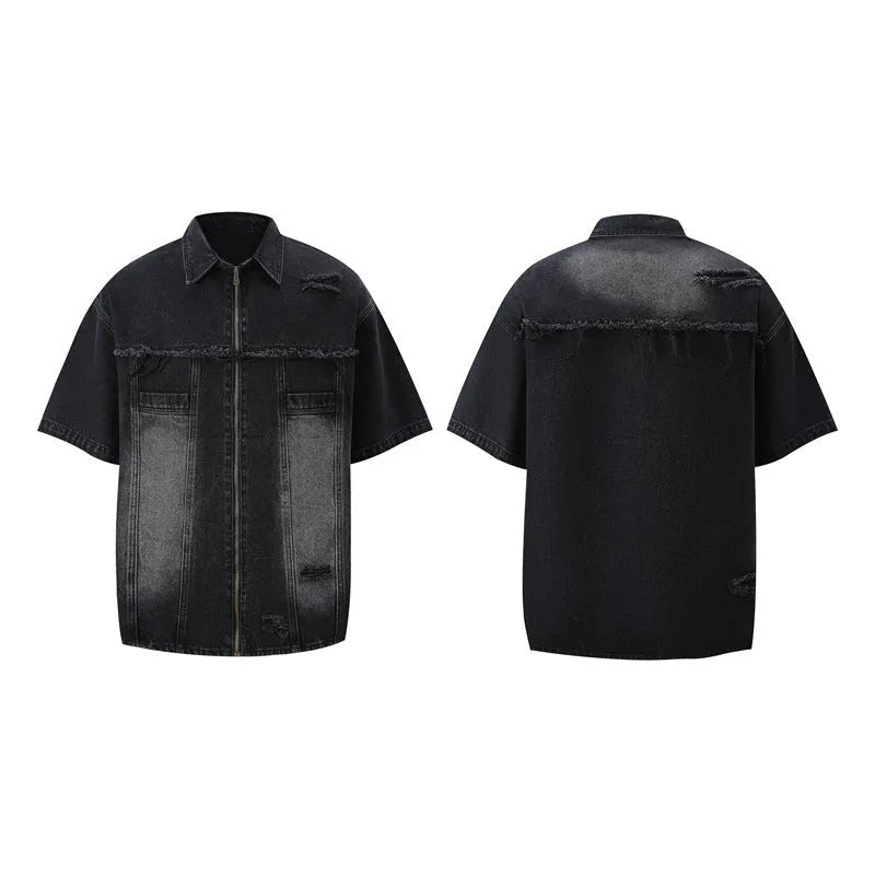 Denim loose-fit overall suit co-ord set with short sleeve top and trousers in street style.