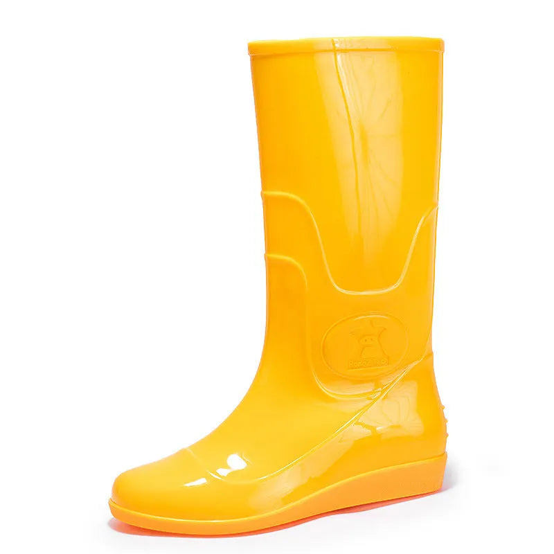 Men's white plastic rain boots with high tube design and flat heel