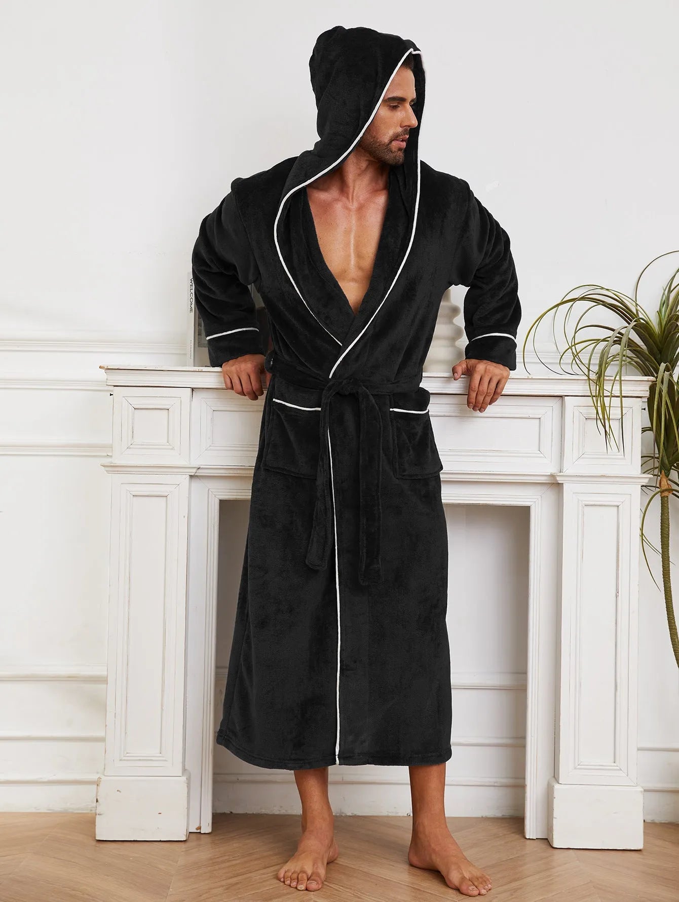 Light grey flannel bathrobe pajamas for men and women on a hanger