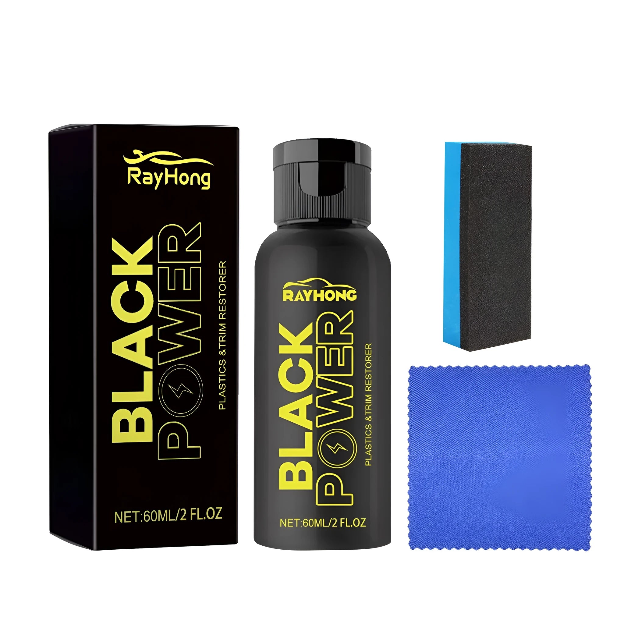 Automotive plastic refurbishment kit showing 60ml bottle, sponge applicator, and microfibre cloth
