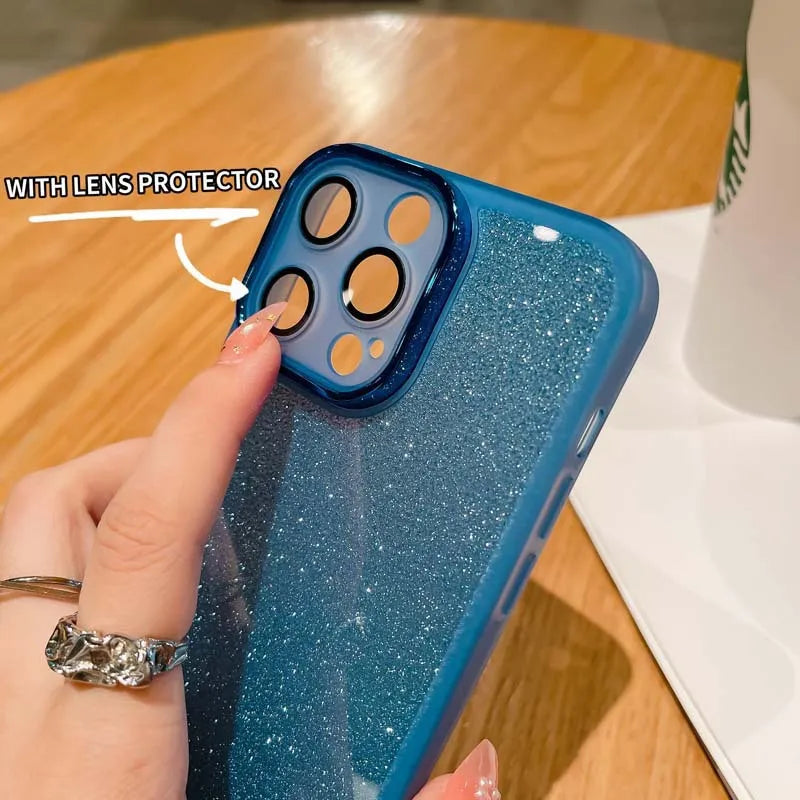 Glitter TPU Samsung phone case with photo frame and fall protection, shown in multiple colours