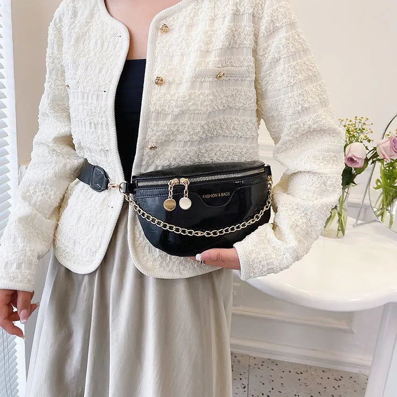 PU chain messenger bag with shoulder strap, sandwich outer pocket, silver colour on white background