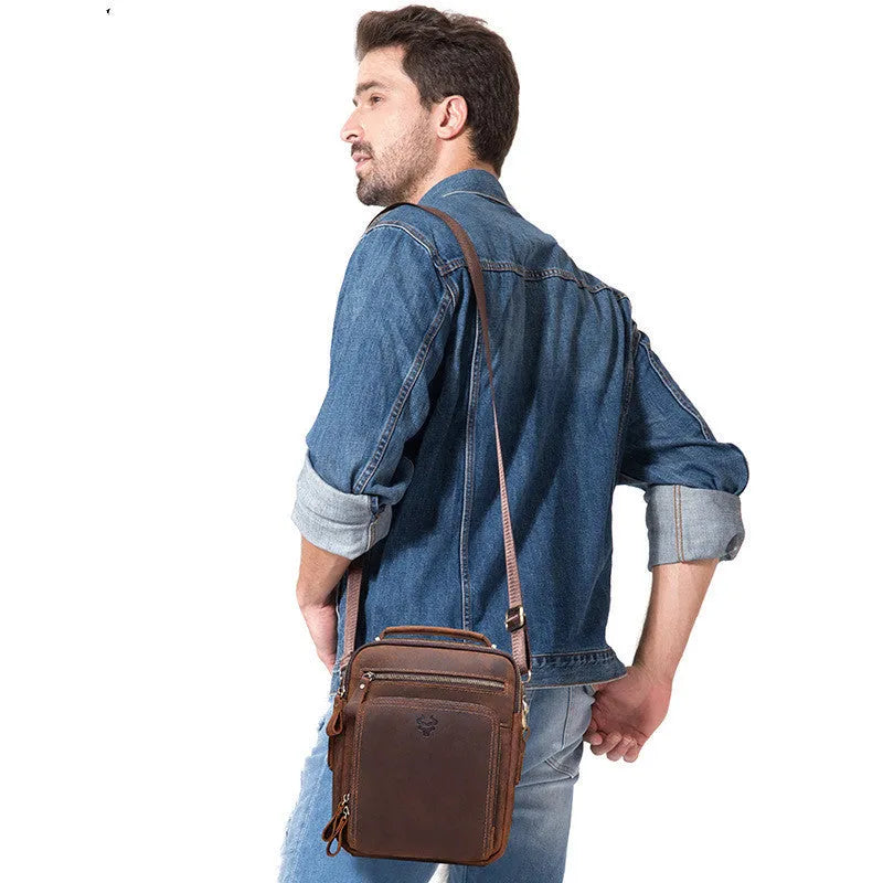 Men's brown genuine leather crossbody bag with sewing line detailing and single-shoulder strap