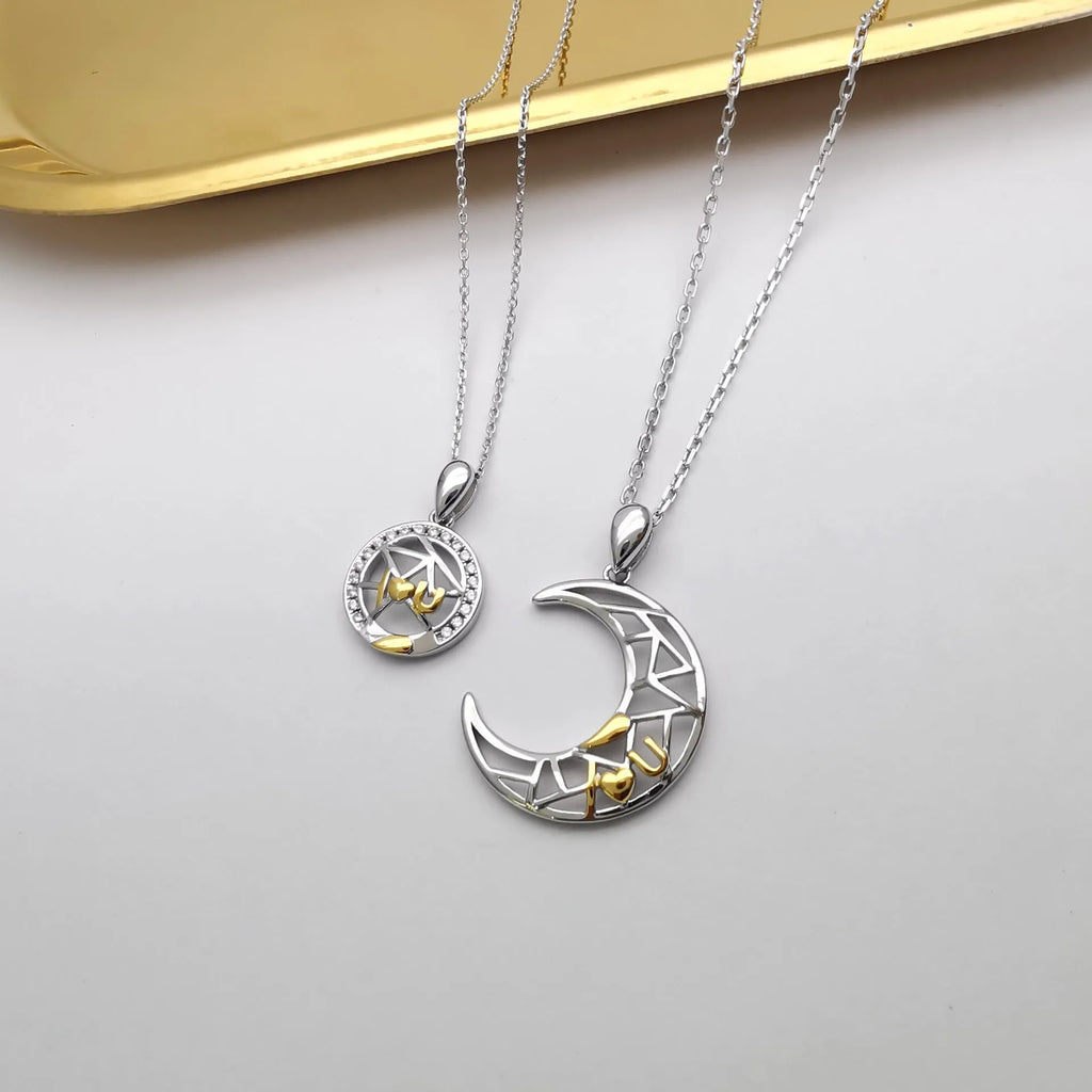 Sun moon couple necklace with electroplated copper cross chain and celestial pendant charms