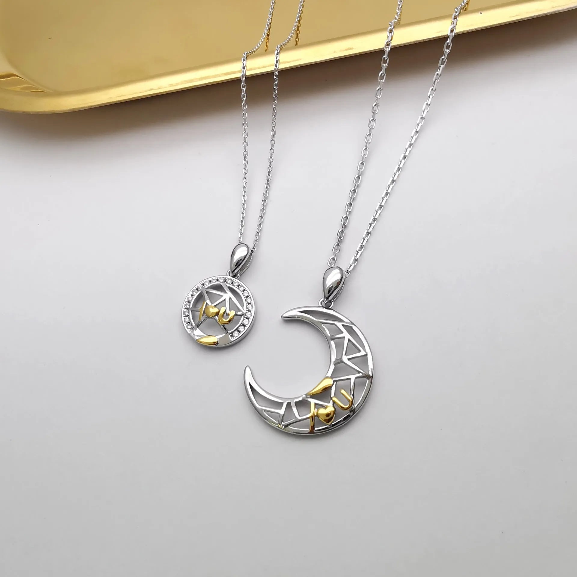 Sun moon couple necklace with electroplated copper cross chain and celestial pendant charms