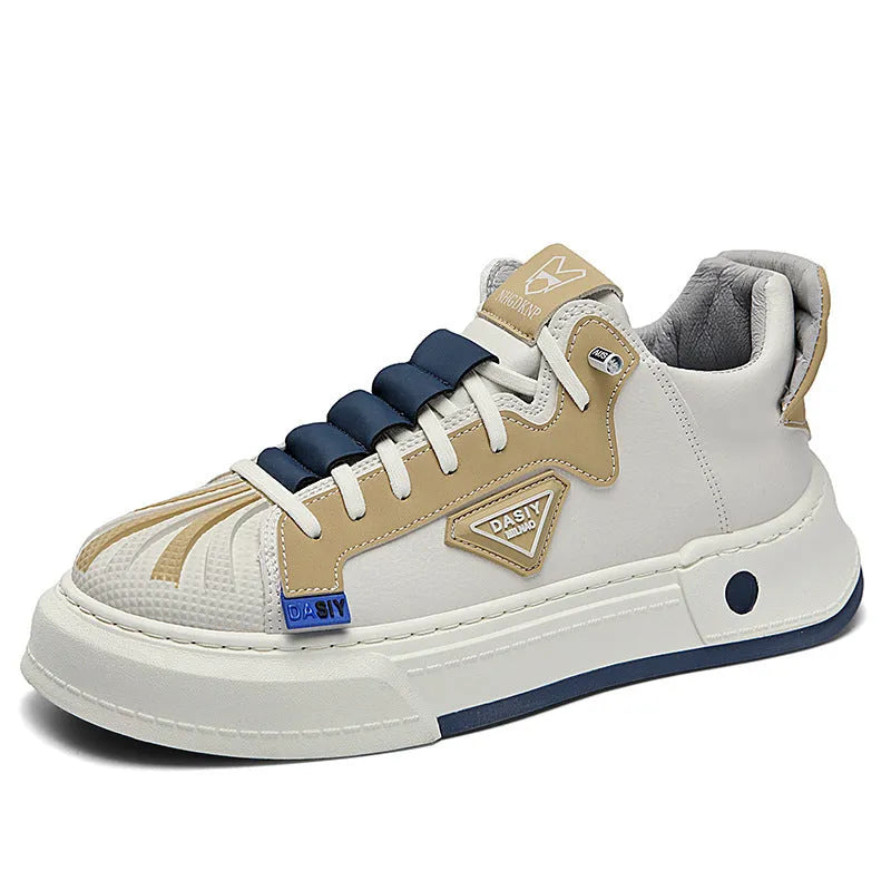 Men's beige low-top slip-on sneakers with elastic band and round toe on a plain background.