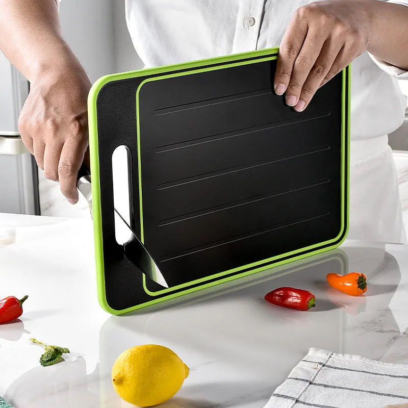 Square grey aluminium cutting board with double-sided design showing grinding teeth and integrated knife sharpener