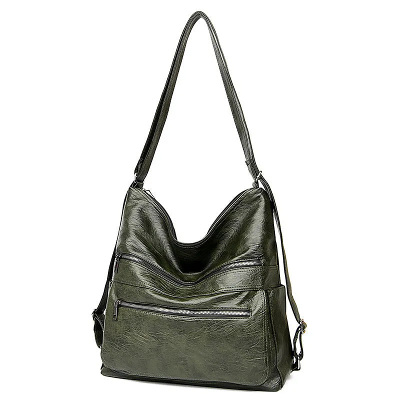 Double zipper shoulder bag for women with adjustable strap, large vertical shape, PU leather, pleated stitching, wine red colour