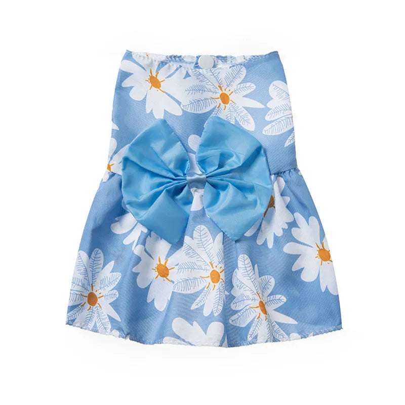 Ultra-thin polyester princess dress for pets with floral butterfly knot design in blue bow colour