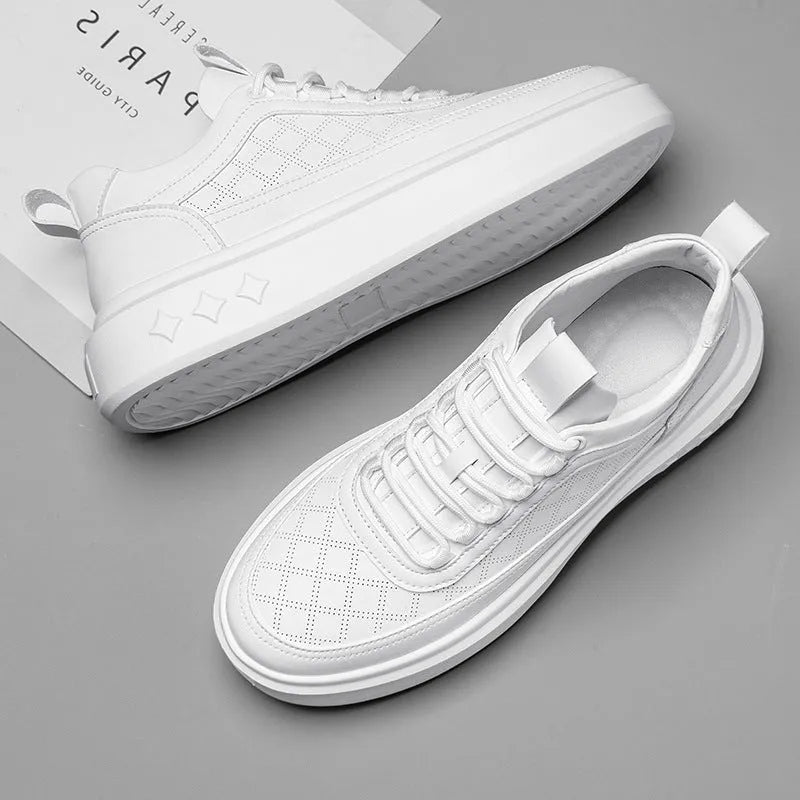 British style thick soled hollowed out breathable casual board shoes in white brown, platform heel, solid colour