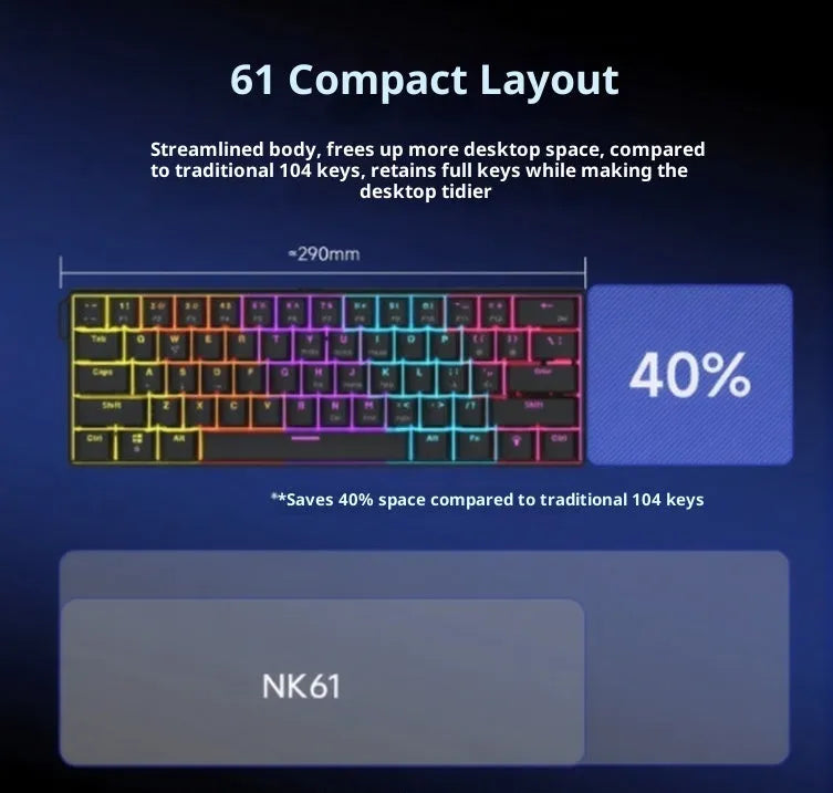 Ajazz NK61 wired mechanical keyboard in black or white with red switches, 61 keys, and Type-C cable