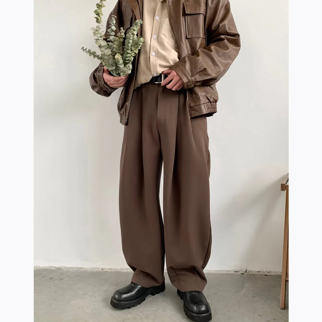 Men's Japanese retro wide-leg drape suit pants in black or brown, sizes M-3XL, loose polyester blend