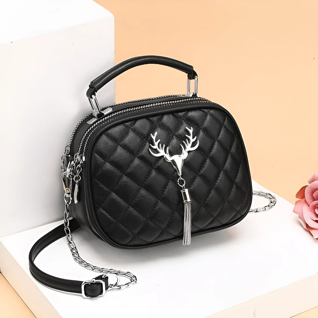 One-shoulder large capacity PU handbag for women with chain detail, deer black colourway