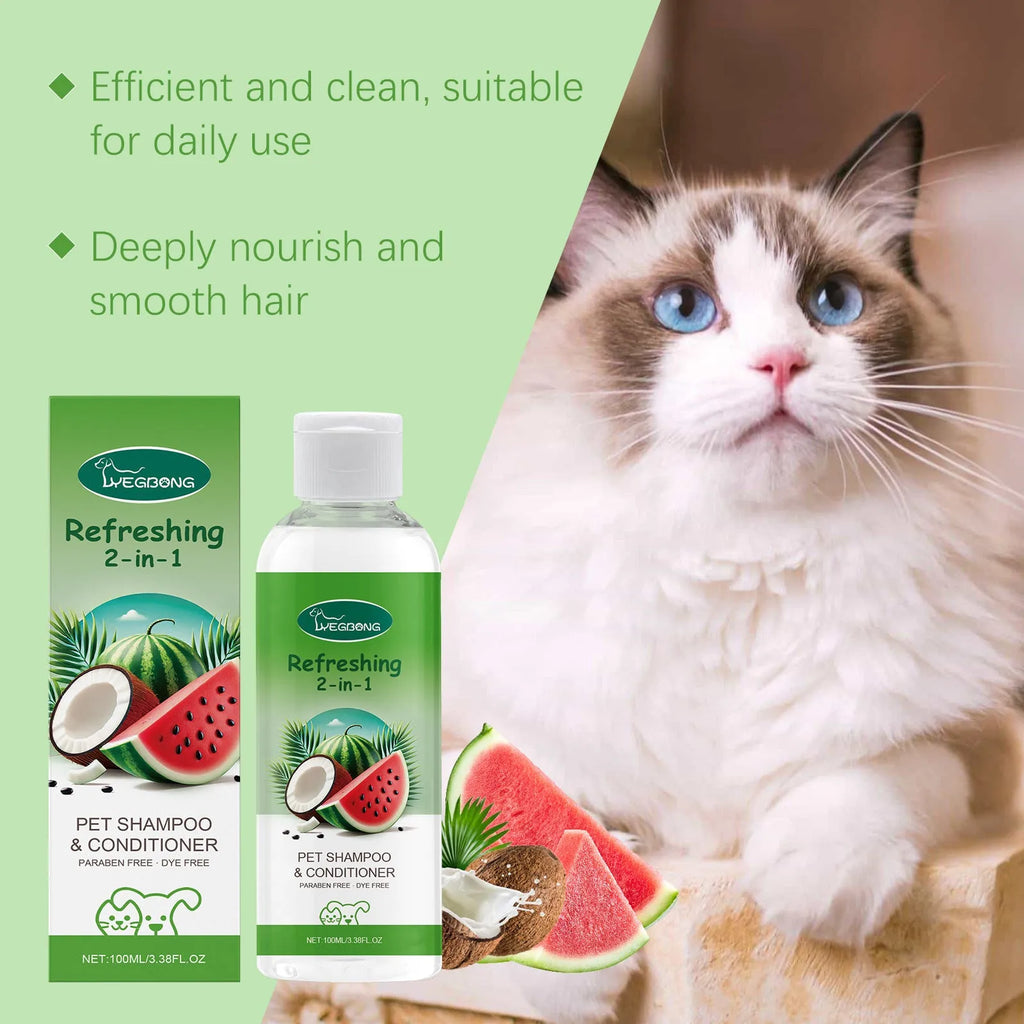 100ml bottle of 2-in-1 pet shampoo and shower gel with coconut and watermelon extract.