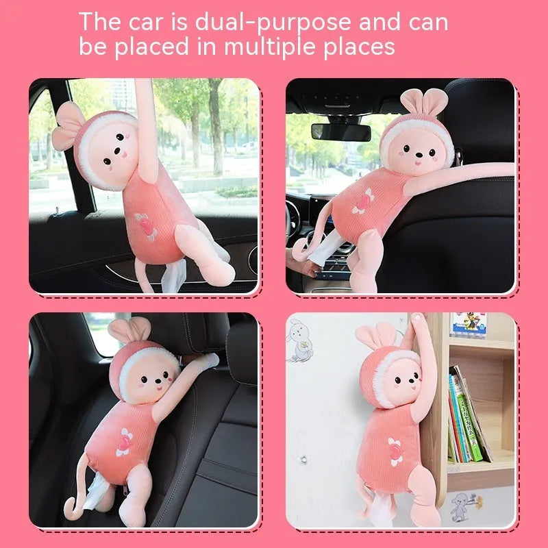 Plush car seat back-mounted tissue box holder with elastic straps in character design