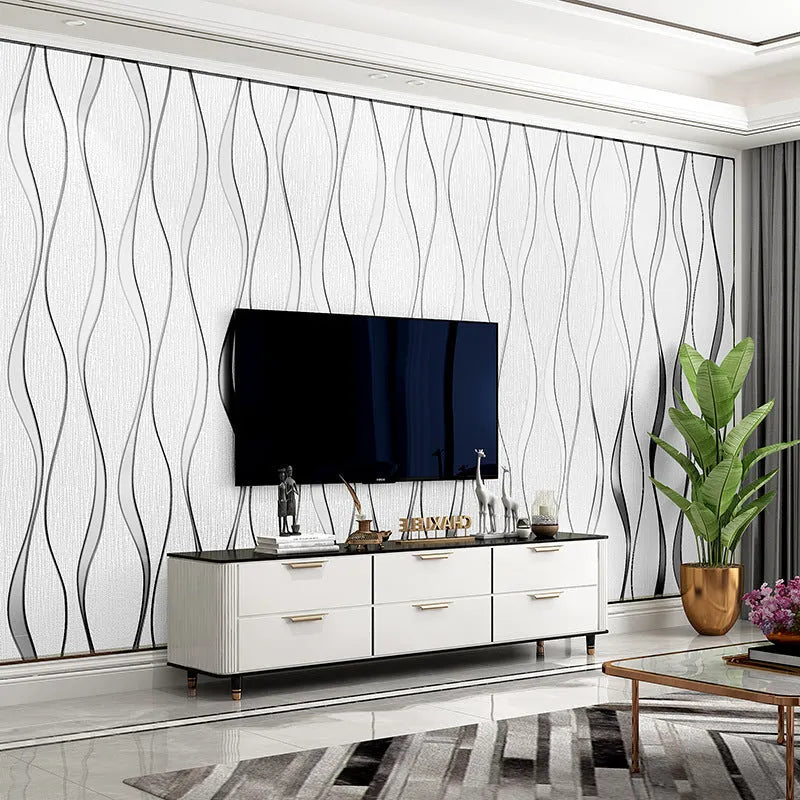 Close-up of light grey 3D curve stripe wallpaper with a thick deerskin velvet texture.