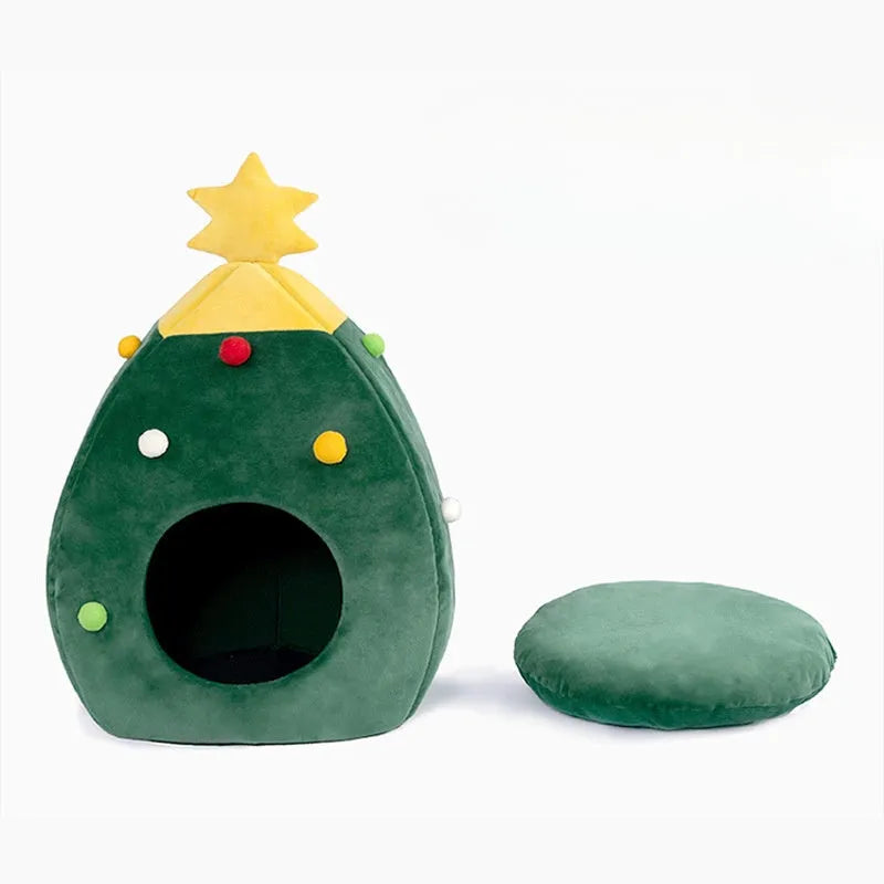 Christmas tree-shaped plush cave pet bed for cats and small dogs in three sizes.