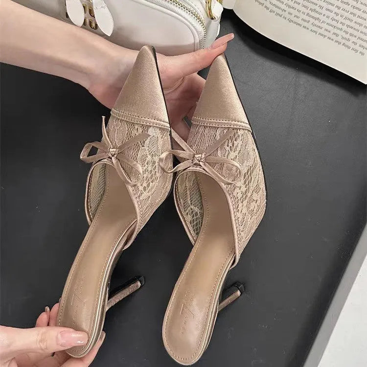 Women's lace and bowknot pointed toe high heels in mesh with microfiber lining