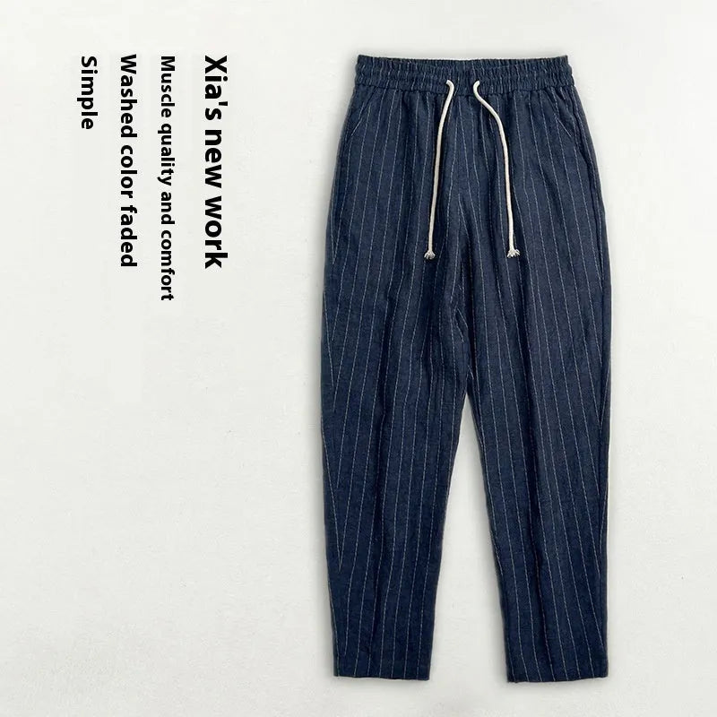 Men's lightweight linen casual trousers with stripe pattern and cropped leg length