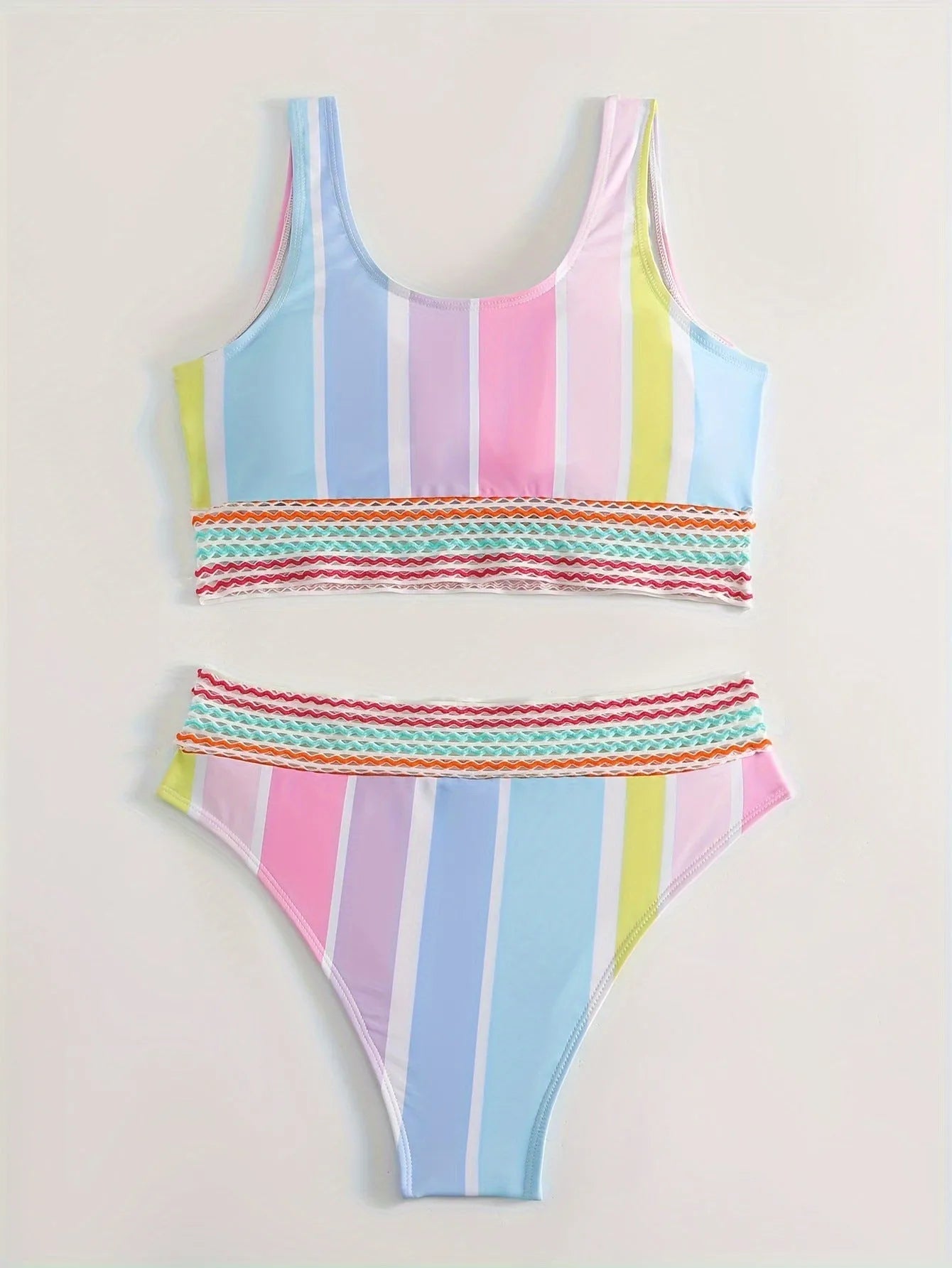 Women's striped two-piece bikini set for swimming and sports.