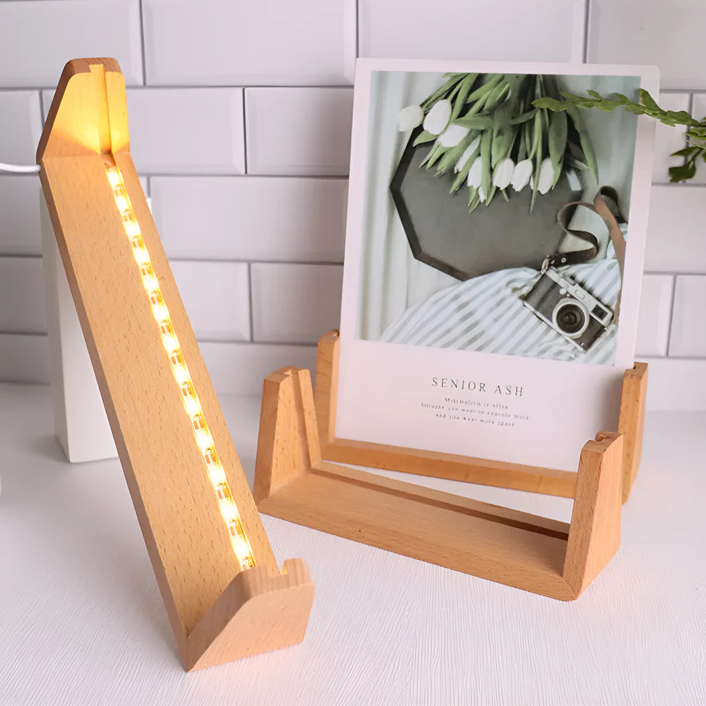 Wooden U-shaped luminous acrylic rack photo frame desk calendar lamp holder with warm light and beech wood base