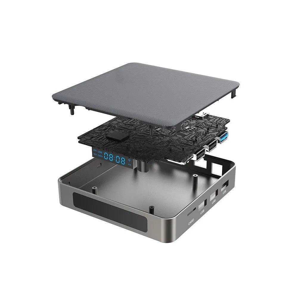 Android set-top box with 8K output showing front panel and connectivity ports