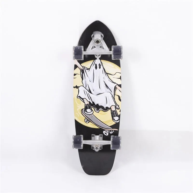 White wooden street scooter with maple deck, 31 inches long, on pavement.