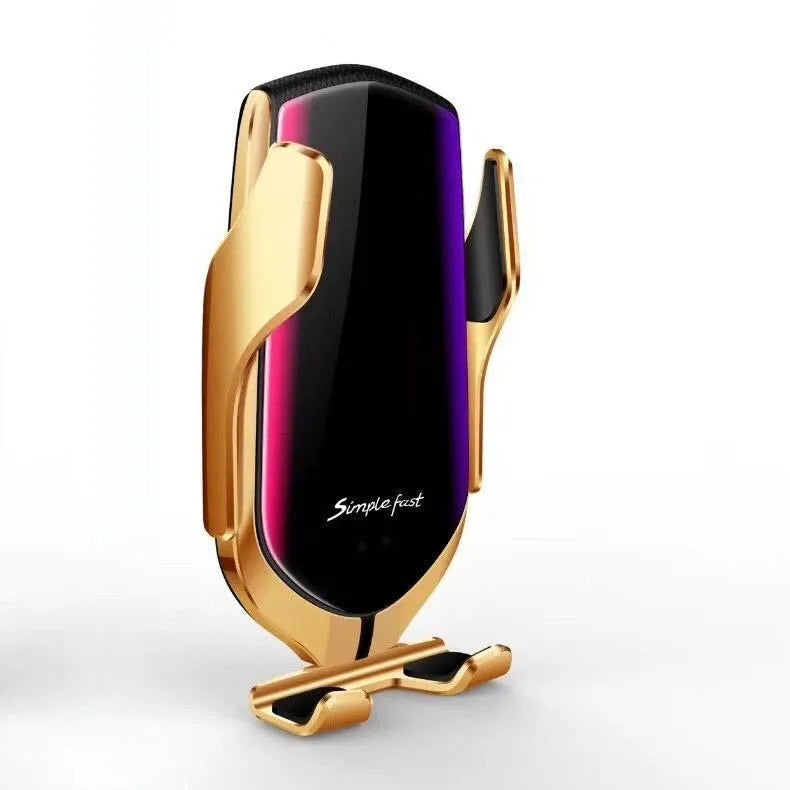 Snap-on wireless charger mobile phone holder in black finish on a desk