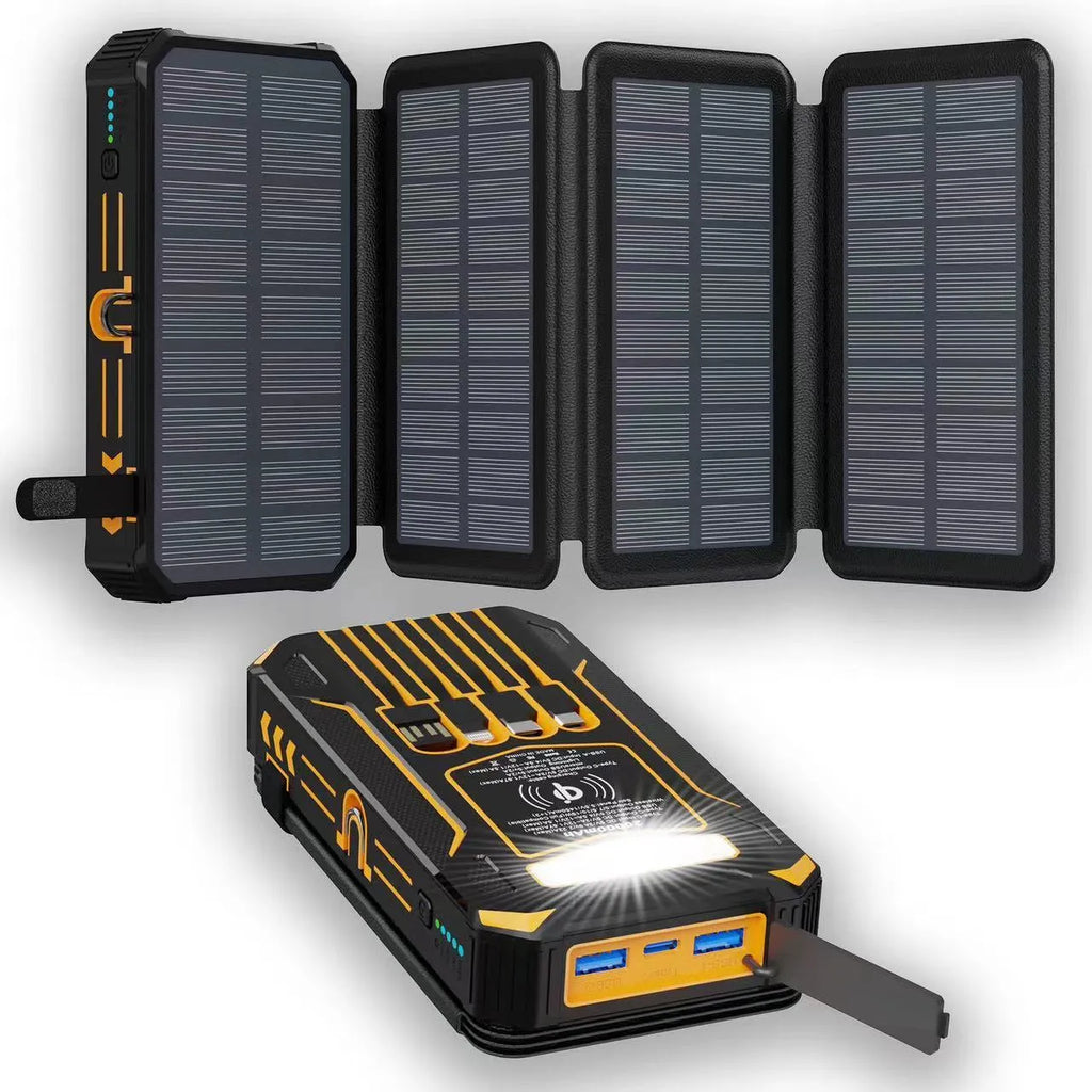 Black 20000mAh solar power bank with three fold folding design and plastic shell, shown open.