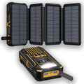 Black 20000mAh solar power bank with three fold folding design and plastic shell, shown open.