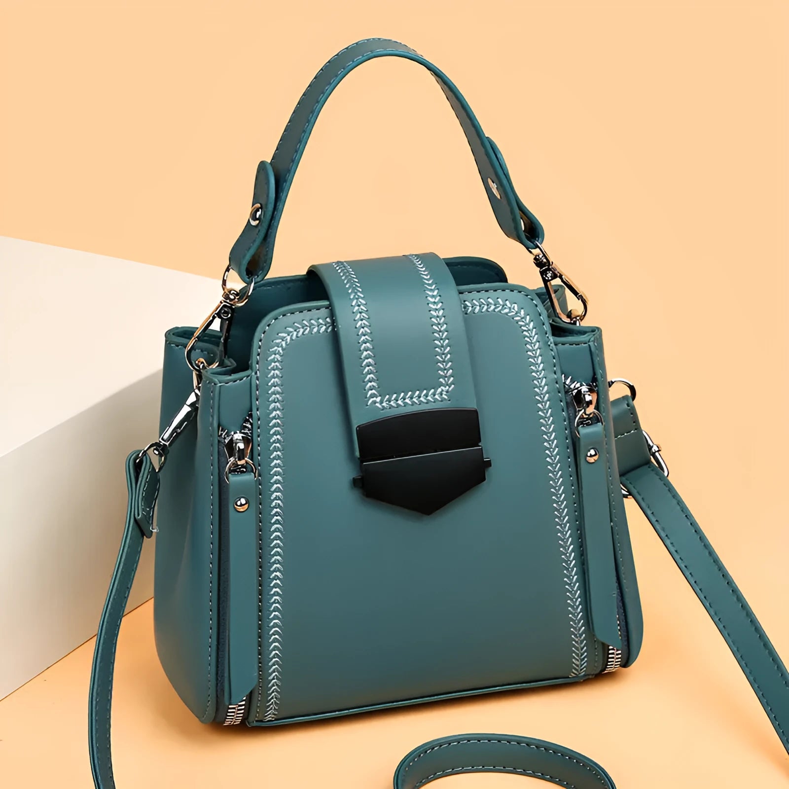 Soft PU leather square vertical small handbag in multiple colours with sewn seam detailing
