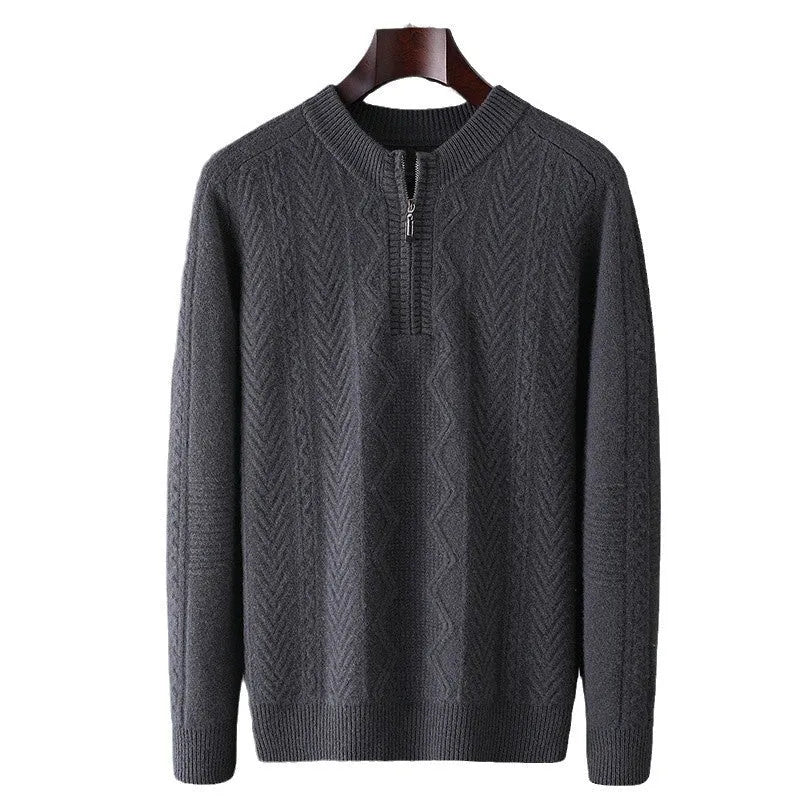 Men's pure wool diamond pattern half zip sweater in camel colour with long sleeves