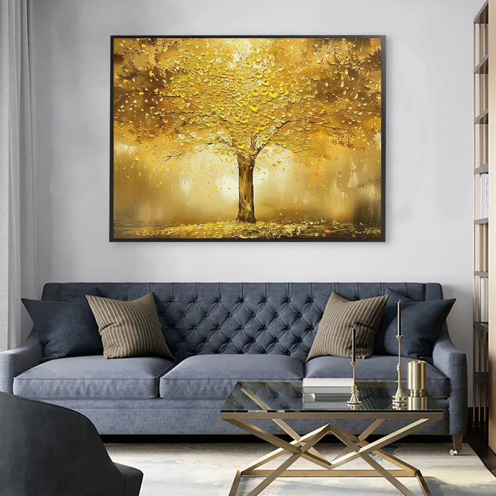 Handmade oil painting of a gold fortune tree on canvas, horizontal orientation, no frame, for living room decor