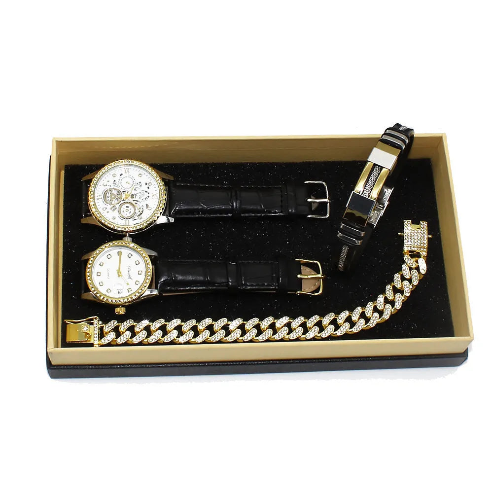Couple watch set including men's and women's watches with slim 8mm black dials and matching bracelets in gift box