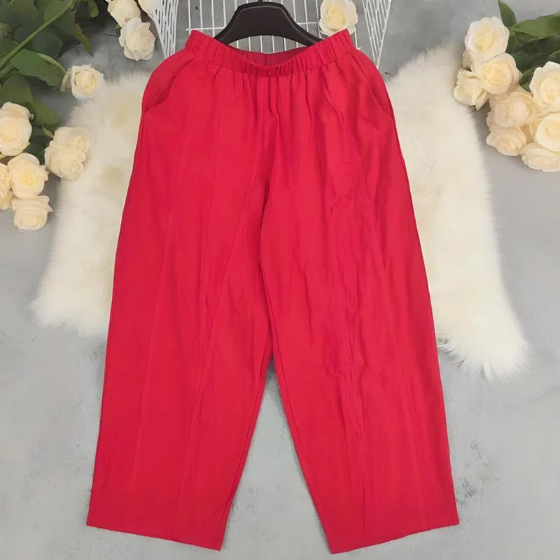 Cotton and linen harem trousers for women in watermelon red, wide-leg mid-waist fit, sizes S to XL