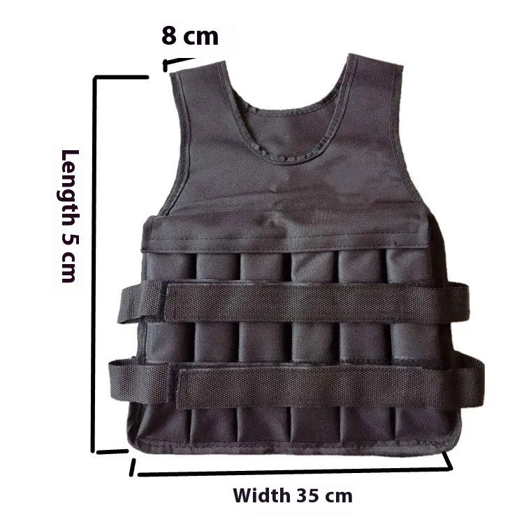 Child wearing an adjustable sand vest made from voile fabric, showing size and weight options.