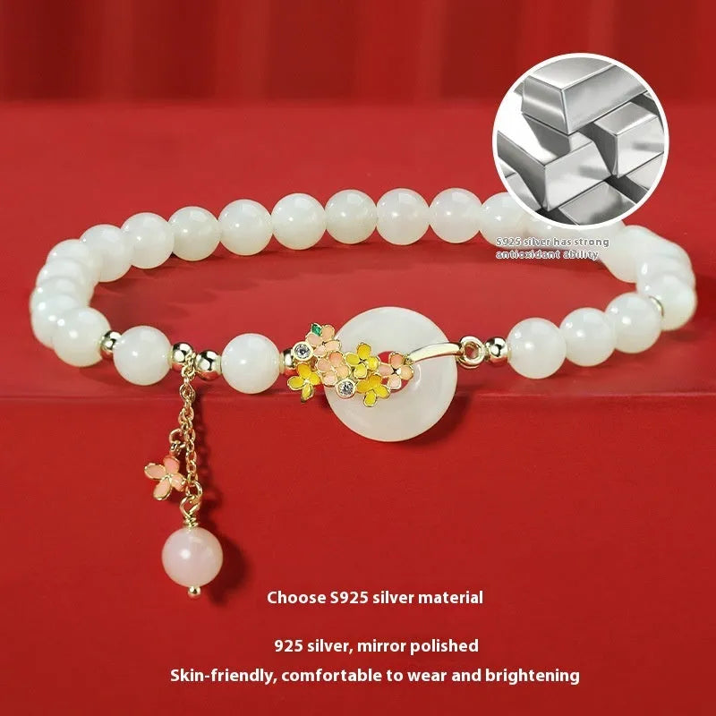 Osmanthus style sterling silver bracelet with inlaid 6mm natural Hetian jade gemstone and peace buckle clasp