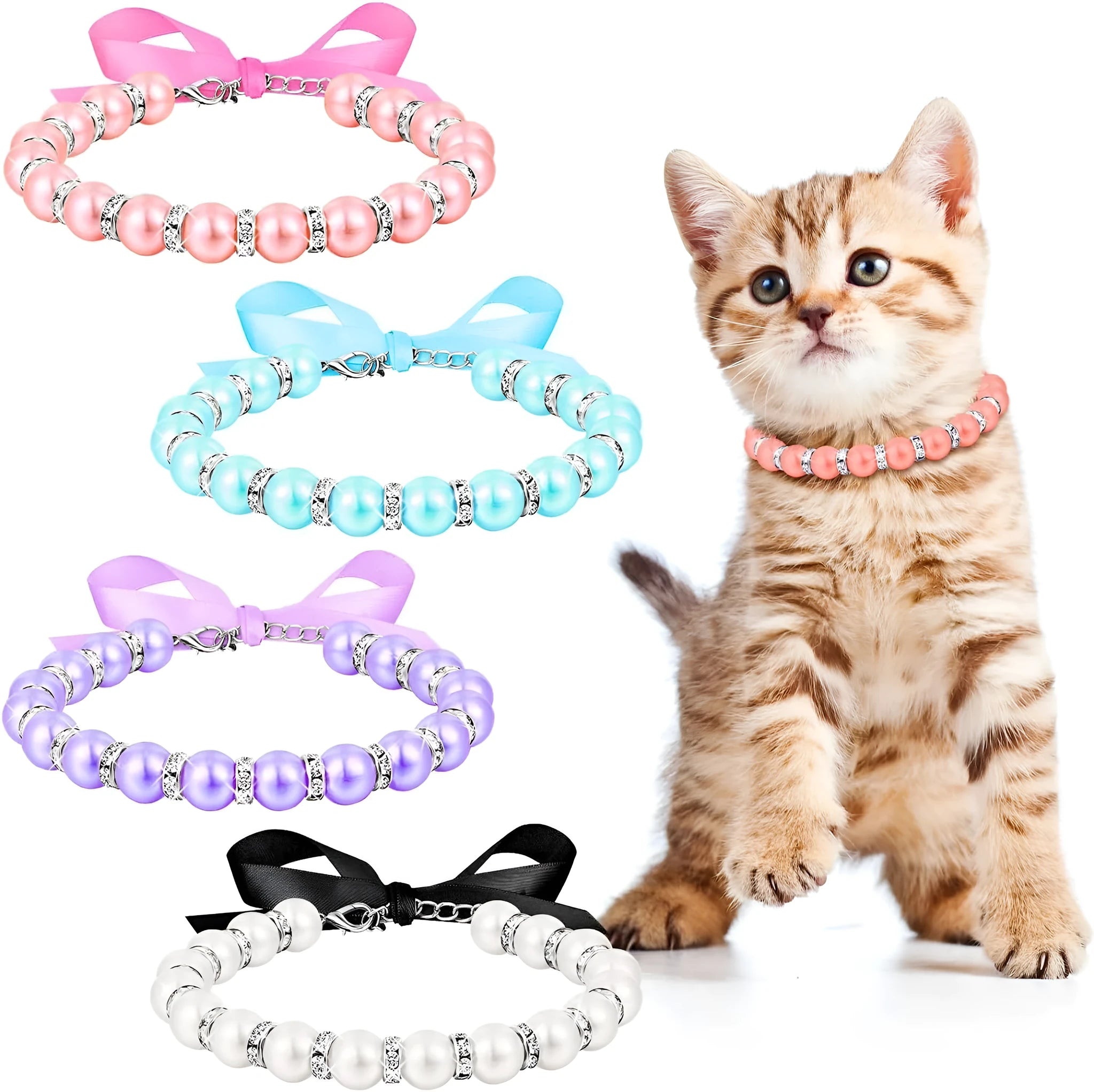 Small dog wearing blue imitation pearl necklace with rhinestones and ribbon bow adjustable collar