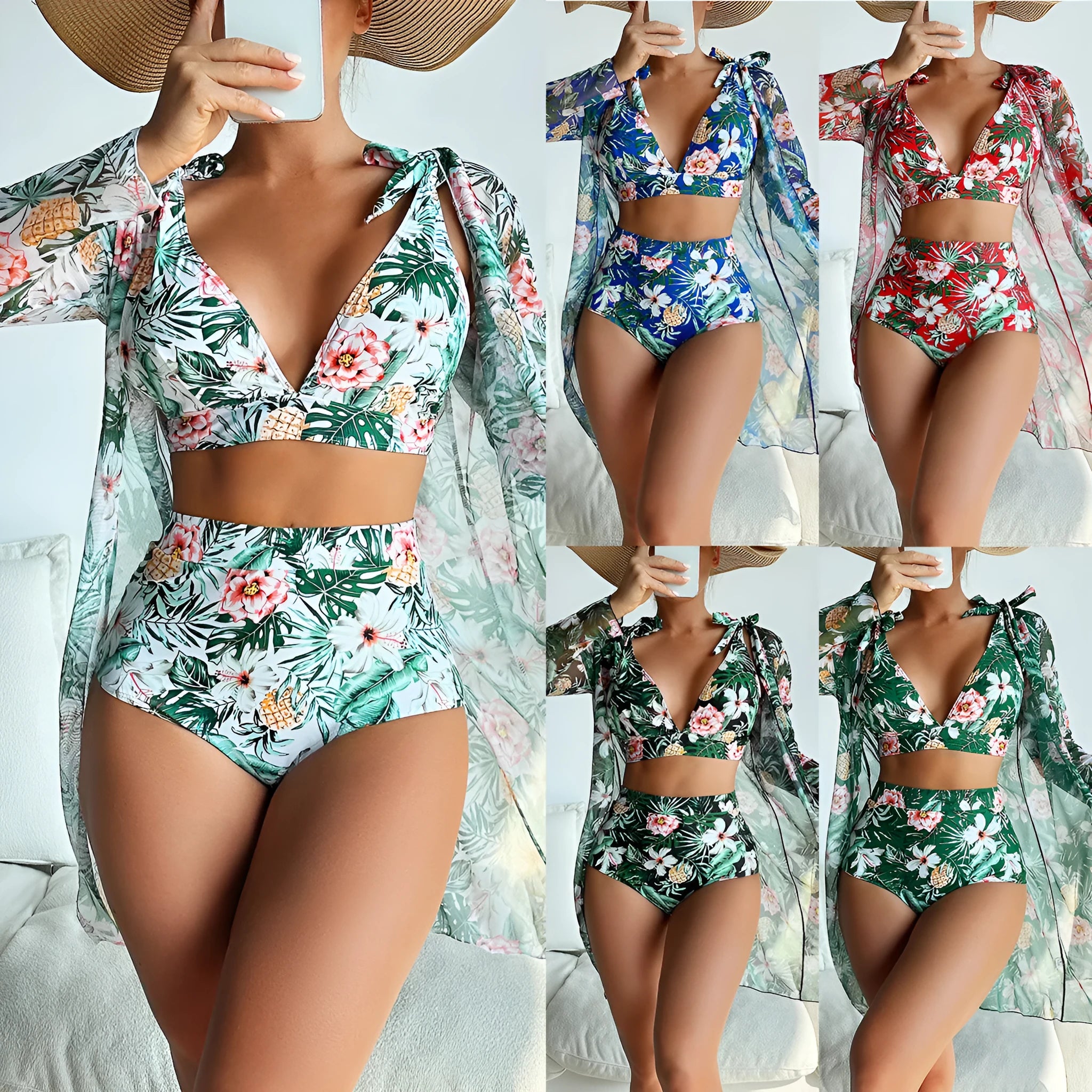 Women's printed bikini three-piece swimsuit set with colourful pattern and matching sunscreen shirt