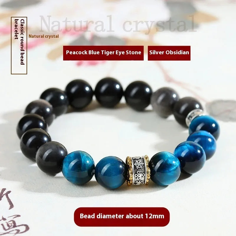 Handmade peacock blue Tigereye bracelet with silver stone accents in geometric ethnic design