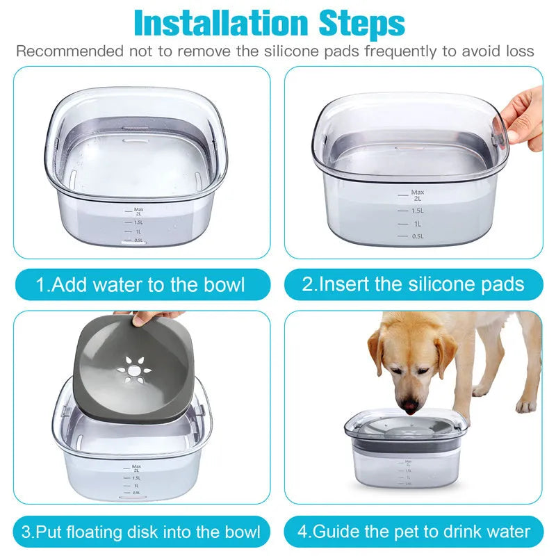 Transparent large 2-litre dog water bowl with floating slow drink disc on a non-slip base.