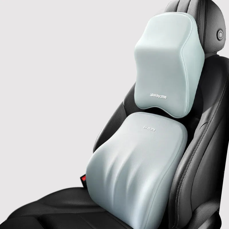 Geometric pattern car lumbar pillow and headrest cushion set in grey colour.